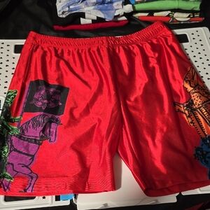 Men's Red Athletic Shorts with Multicolor Graphic Panels